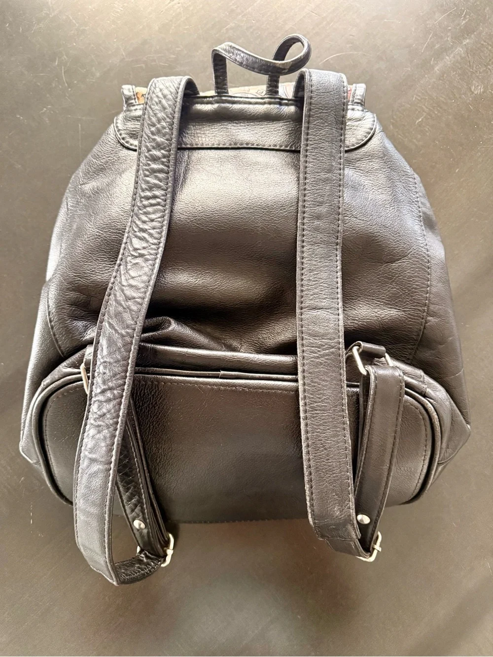 Hand made Black Leather Floral-Print Backpack Purse